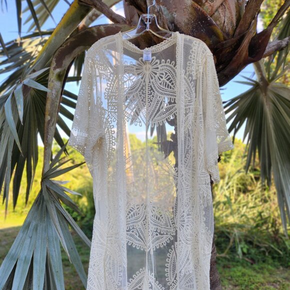 Boho Chic Ivory Lace Kimono Duster Sheer Crochet Beach Cover-Up- CREAM - Picture 1 of 6
